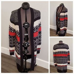 St Johns Bay Cardigan Women's Small Black Red Cream Sweater Coat Heavy Weight